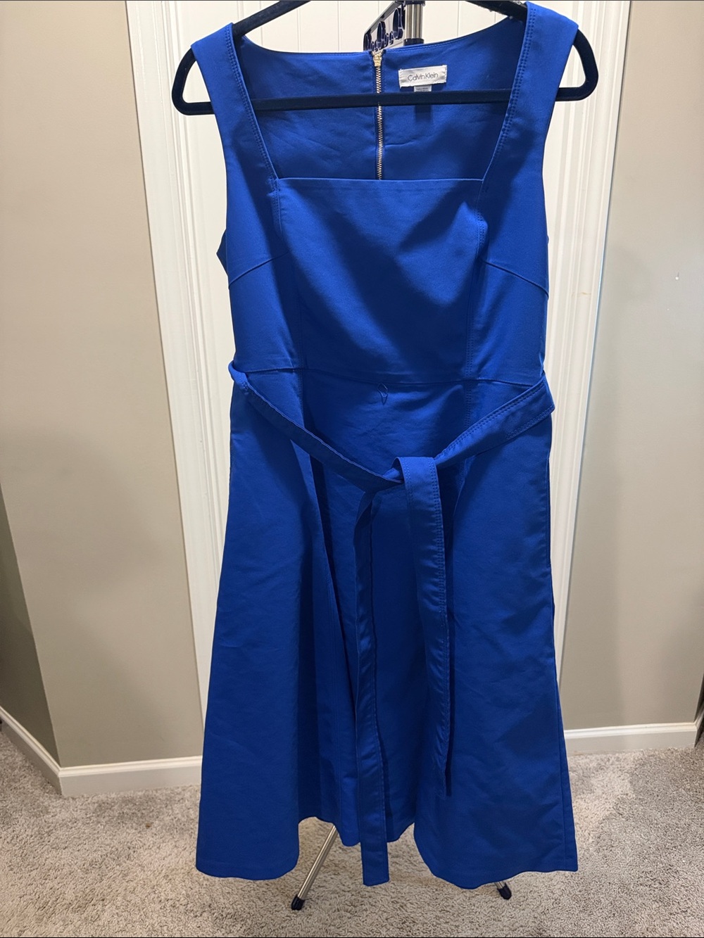 Calvin Klein Cobalt Blue Sleeveless Midi Dress with Self-Tie Belt